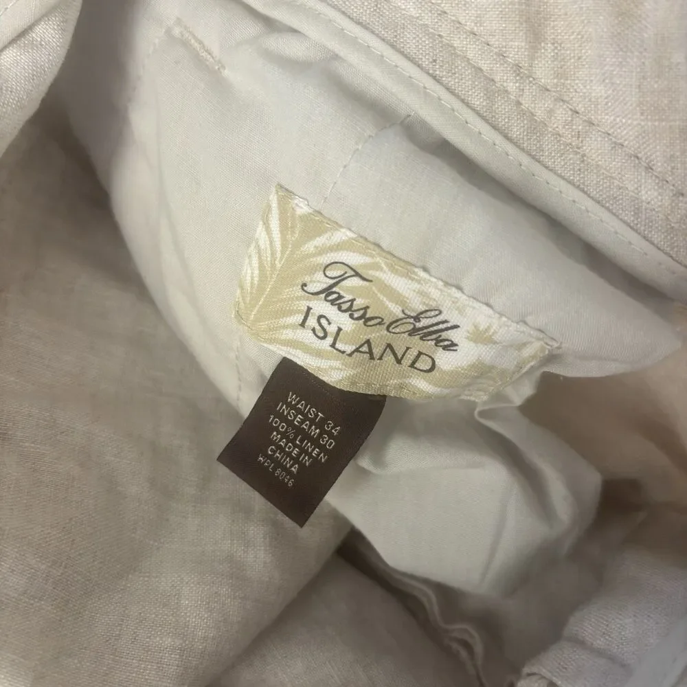 Tasso Elba Island Men's 100% Linen Tan Drawstring Casual Pants Size 34 (Flaw)